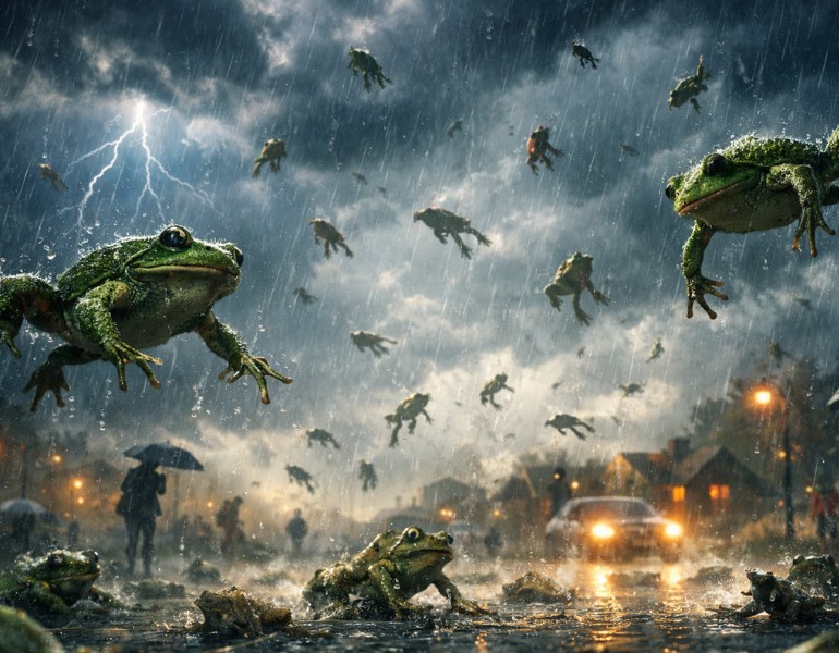 Les pluies de grenouilles, un phénomène expliqué par la science. Dessin d'illustration. 